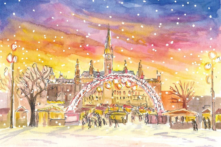 Amazing Snowy Vienna City Hall Square And Christmas Market By Night by Markus & Martina Bleichner wall art
