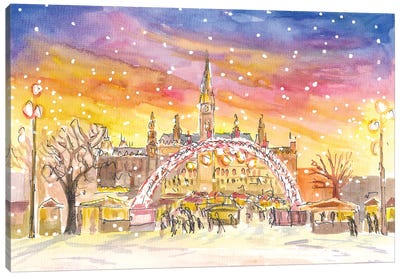 Amazing Snowy Vienna City Hall Square And Christmas Market By Night Canvas Art Print - Austria Art