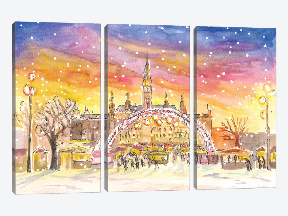Amazing Snowy Vienna City Hall Square And Christmas Market By Night by Markus & Martina Bleichner 3-piece Canvas Art Print