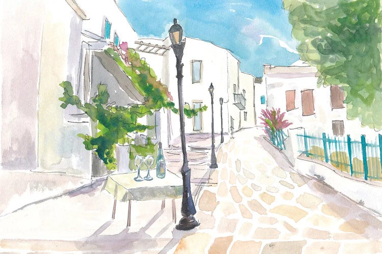 Mediterranean Street Scene With White Houses And Blue Sky