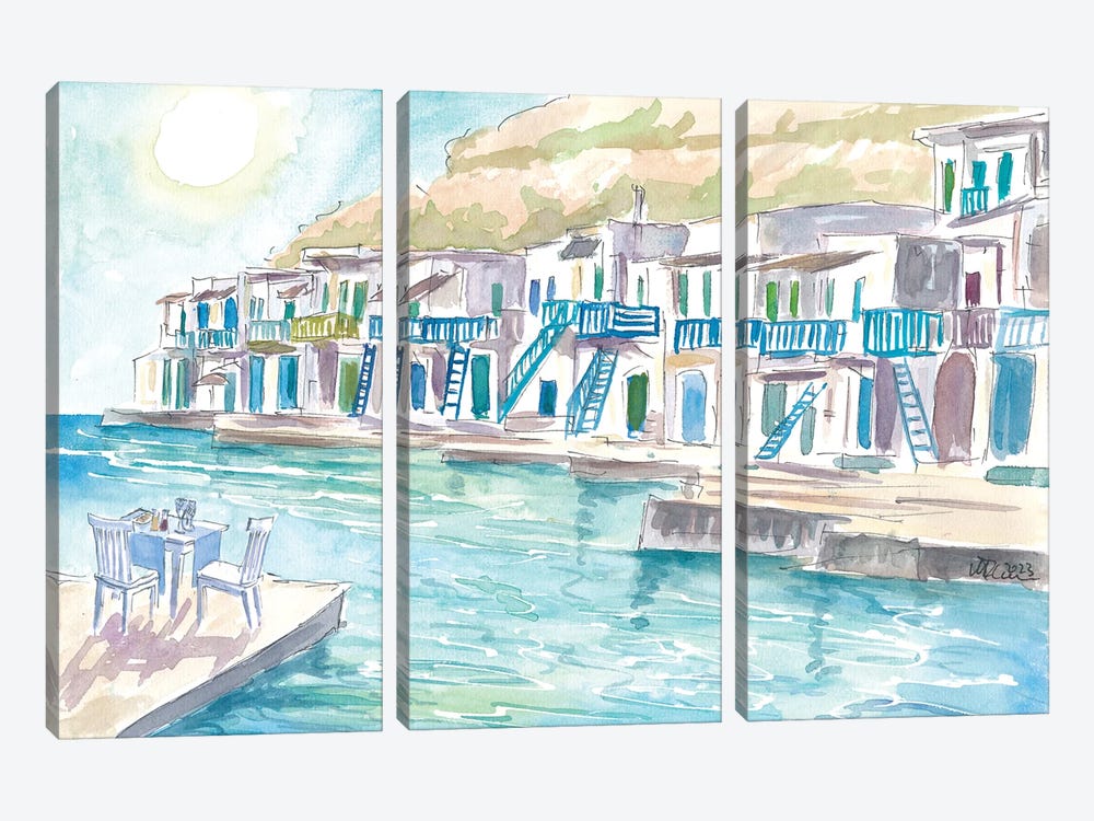 Milos Greece Aegean Island Dreams With Harbour Scene by Markus & Martina Bleichner 3-piece Canvas Print
