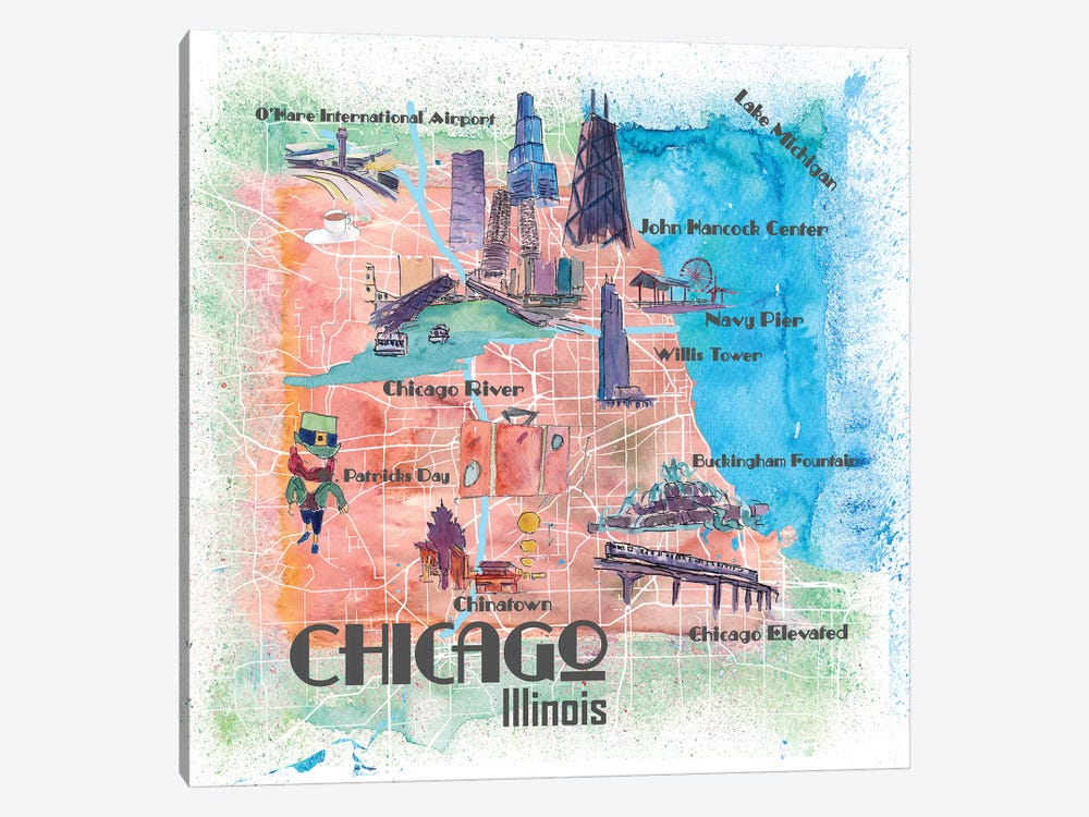 Chicago Illinois USA Illustrated Map by Markus & Martina Bleichner 1-piece Art Print