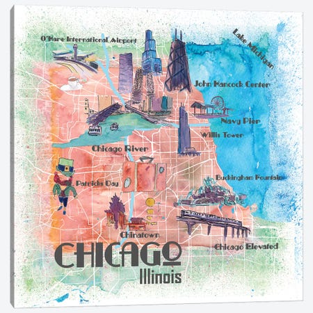 Chicago Illinois USA Illustrated Map Canvas Print #MMB99} by Markus & Martina Bleichner Canvas Art