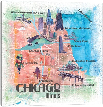 Chicago Illinois USA Illustrated Map Canvas Art Print - Chicago Maps