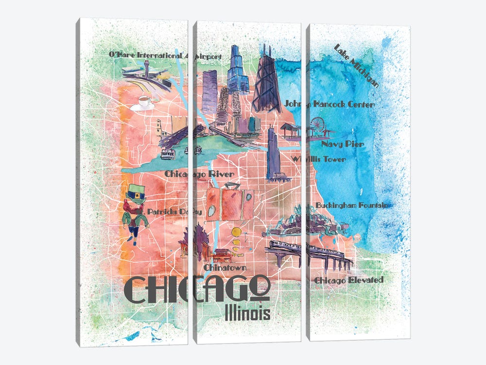 Chicago Illinois USA Illustrated Map by Markus & Martina Bleichner 3-piece Canvas Art Print