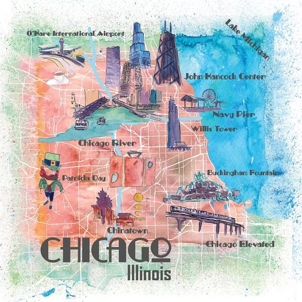 Markus & Martina Bleichner: Chicago Illinois USA Illustrated Map by Markus & Martina Bleichner