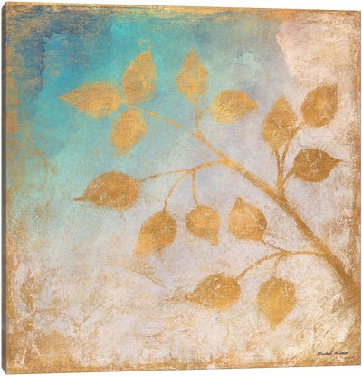 Gold Leaves on Blues II Canvas Art Print - Traditional Living Room Art