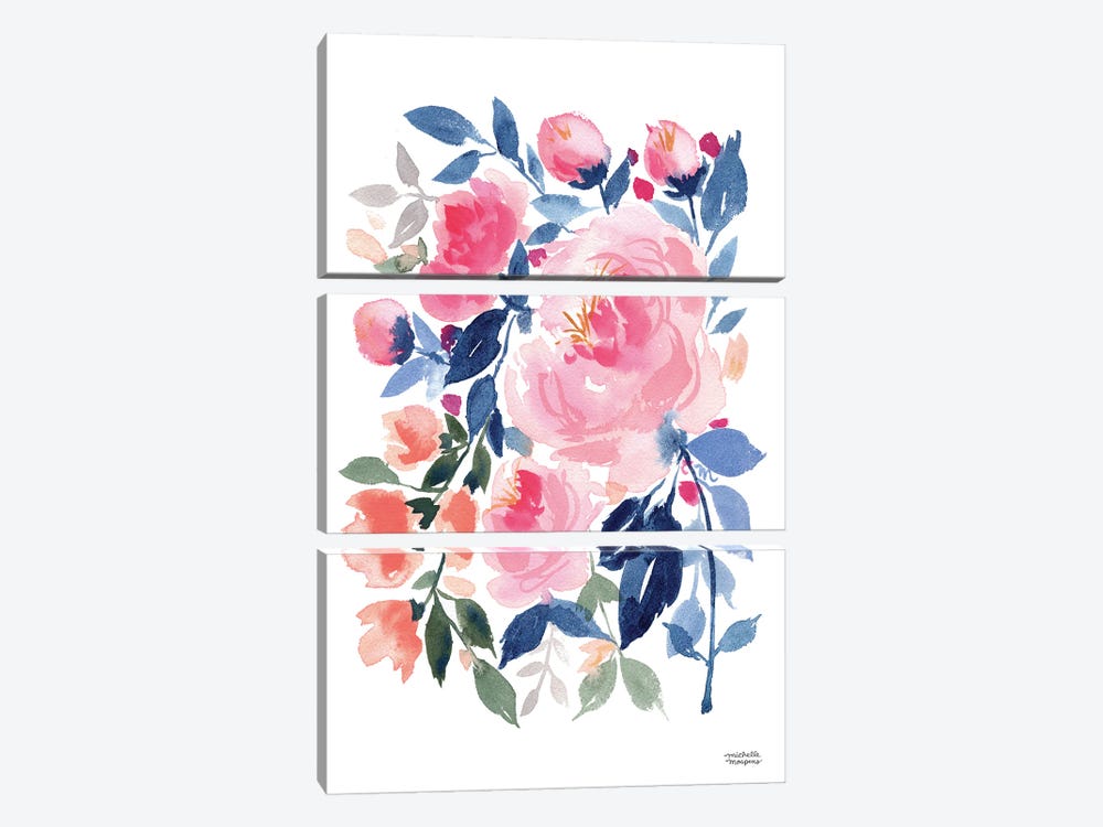 Peony Cascade Flowers Watercolor by Michelle Mospens 3-piece Canvas Print