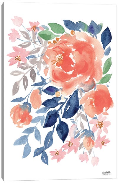 Peach Floral Cascade Watercolor Canvas Art Print - Michelle Mospens