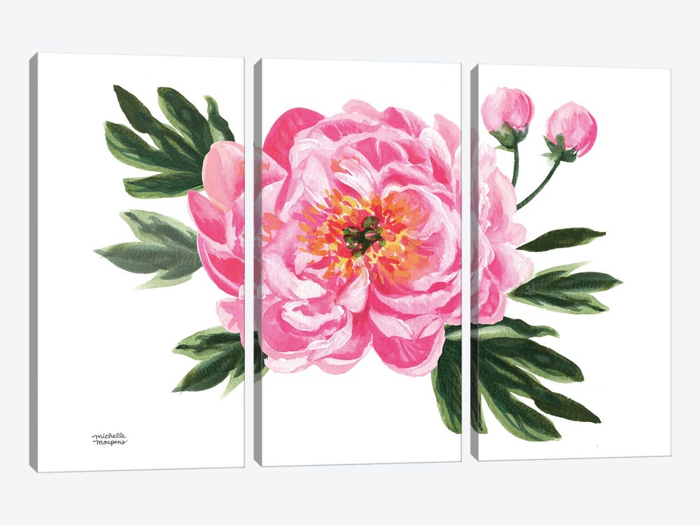 June Bloom Pink Peony Watercolor by Michelle Mospens 3-piece Canvas Artwork
