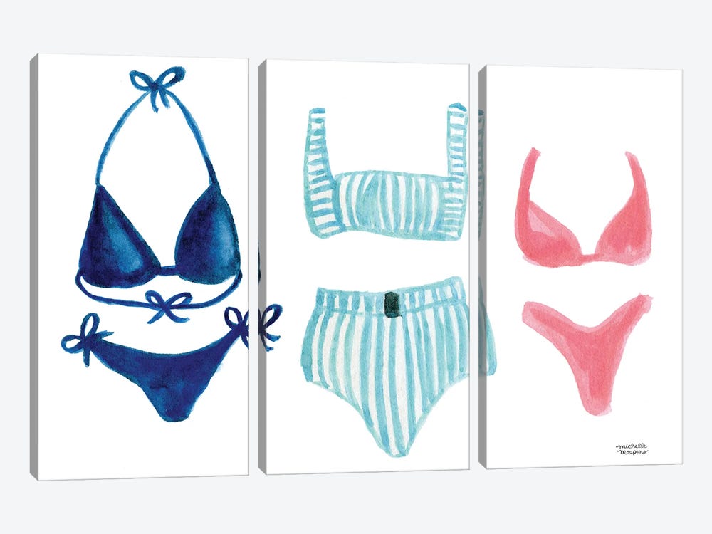 Bathing Suits Watercolor by Michelle Mospens 3-piece Canvas Wall Art