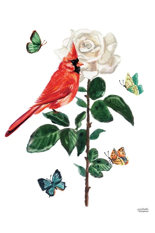 Watercolor Cardinal Bird And Rose