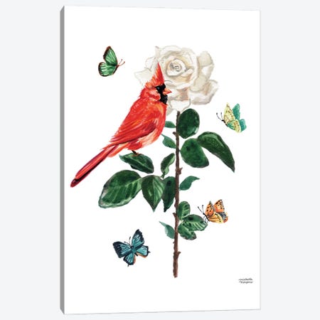 Watercolor Cardinal Bird And Rose Canvas Print #MMP141} by Michelle Mospens Canvas Art