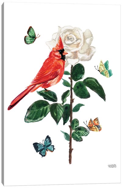 Watercolor Cardinal Bird And Rose Canvas Art Print - Michelle Mospens