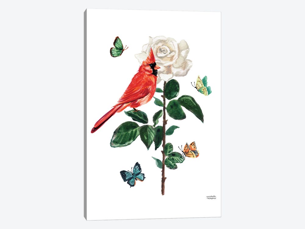 Watercolor Cardinal Bird And Rose by Michelle Mospens 1-piece Art Print