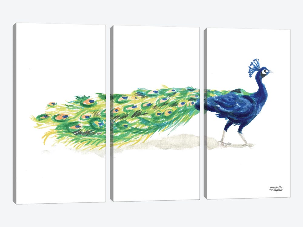 Peacock I Watercolor by Michelle Mospens 3-piece Canvas Print