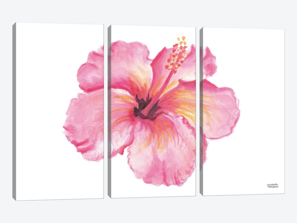 Bright Pink Hibiscus Watercolor by Michelle Mospens 3-piece Canvas Wall Art