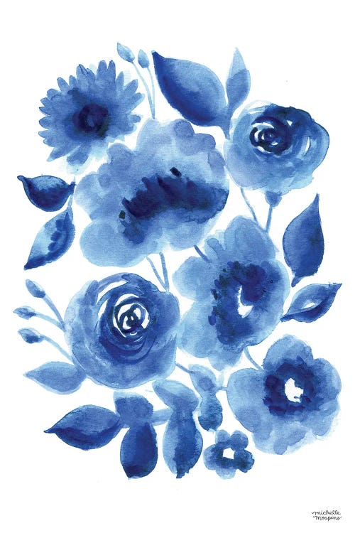 Abstract Indigo Blue Florals Watercolor