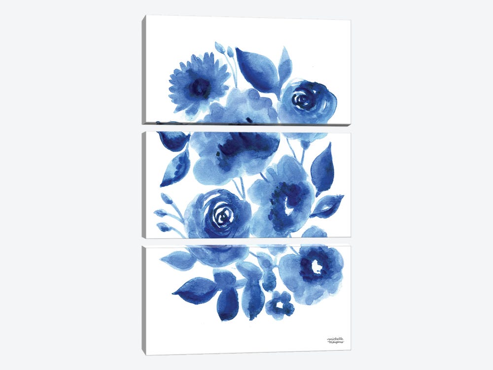 Abstract Indigo Blue Florals Watercolor by Michelle Mospens 3-piece Canvas Art Print