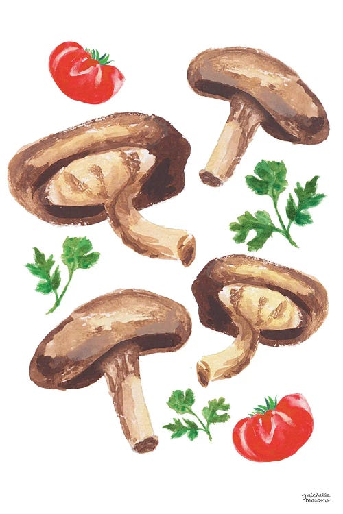 Watercolor Mushrooms And Tomatoes