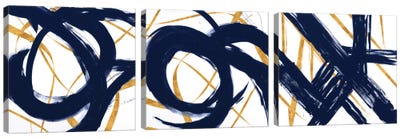 Navy with Gold Strokes Triptych Canvas Art Print - Megan Morris