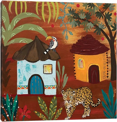 Leopard In The Village Canvas Art Print - Magali Modoux