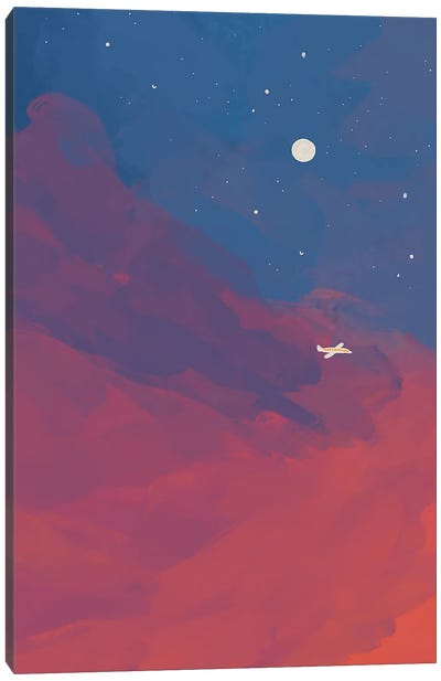 Airplane In Night Sky Canvas Art Print