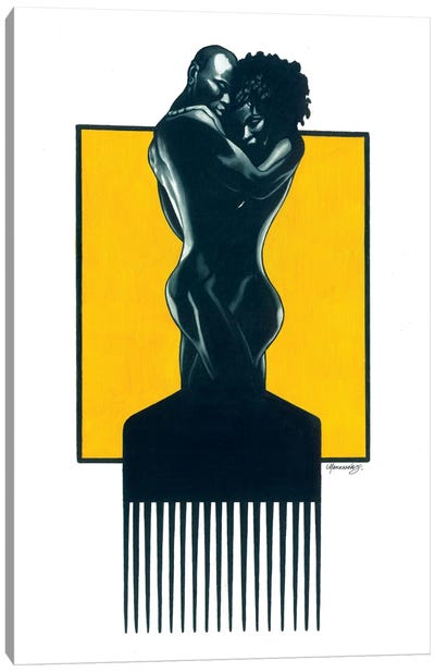 Afropick Couple Canvas Art Print - Black, White & Yellow Art