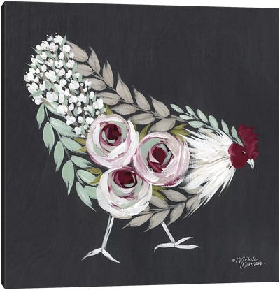 Floral Hen Mint and Pink Canvas Art Print - Chicken & Rooster Art