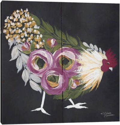 Floral Hen on Black Canvas Art Print - Michele Norman