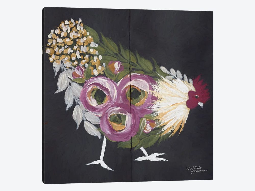 Floral Hen on Black by Michele Norman 1-piece Canvas Artwork