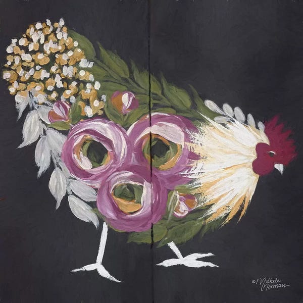 Michele Norman: Floral Hen on Black by Michele Norman