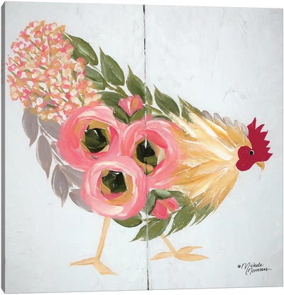 Floral Hen on White Canvas Art Print - Farmhouse Kitchen Art