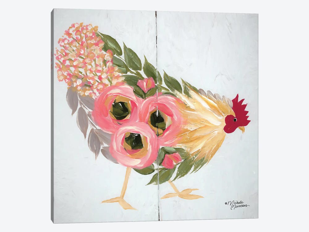 Floral Hen on White by Michele Norman 1-piece Canvas Print