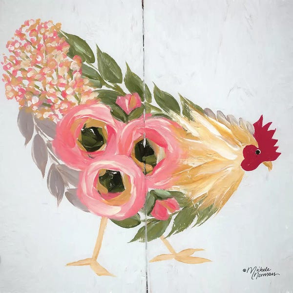 Modern Farmhouse Décor: Floral Hen on White by Michele Norman