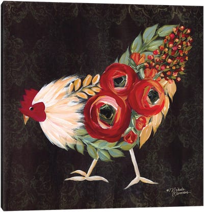 Botanical Rooster Canvas Art Print - Bird Art