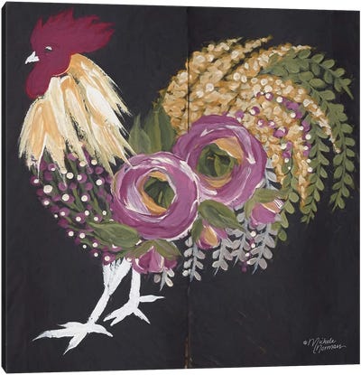 Floral Rooster on Black Canvas Art Print - Farmhouse Kitchen Art