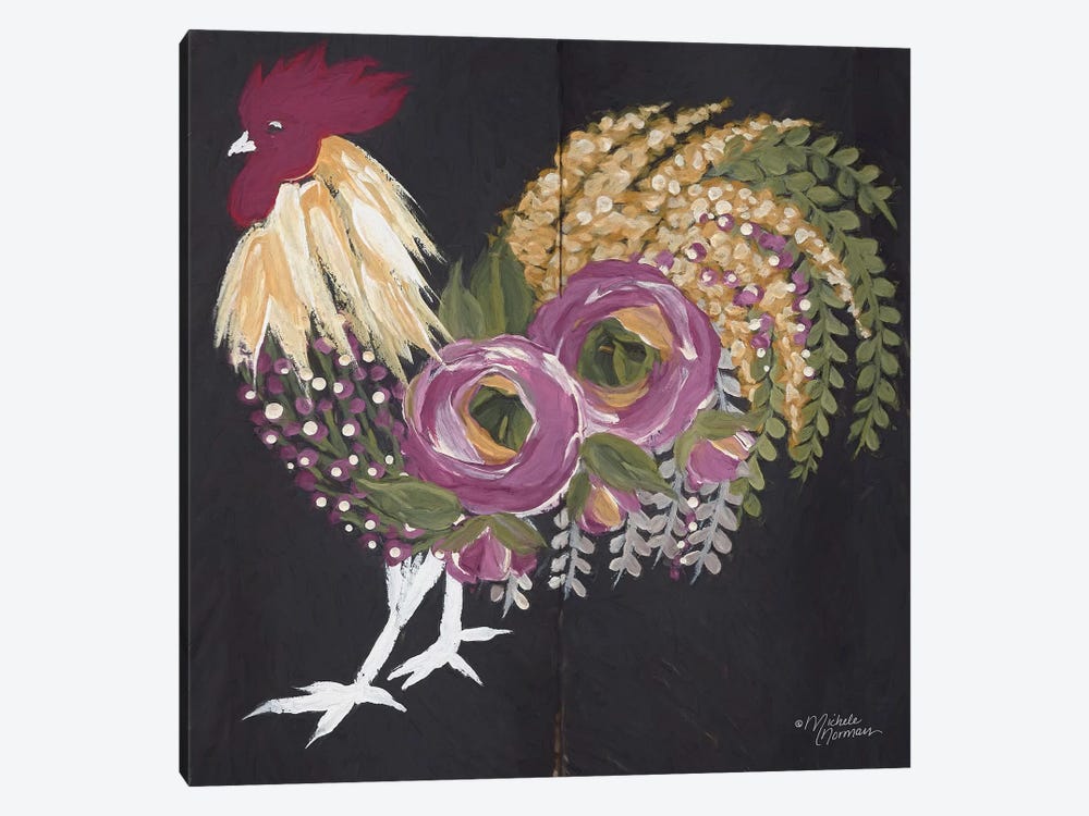 Floral Rooster on Black by Michele Norman 1-piece Canvas Artwork