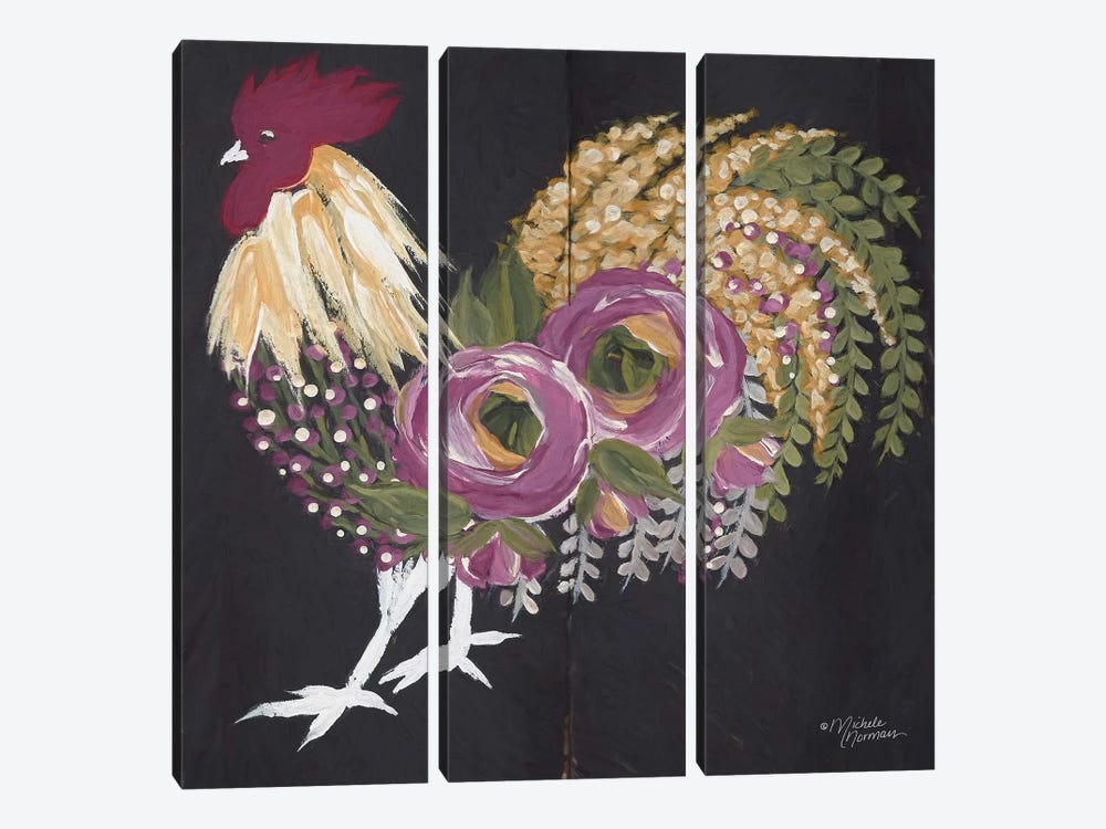 Floral Rooster on Black by Michele Norman 3-piece Canvas Art