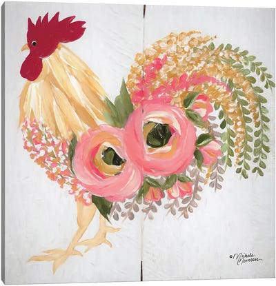 Floral Rooster on White Canvas Art Print - Michele Norman