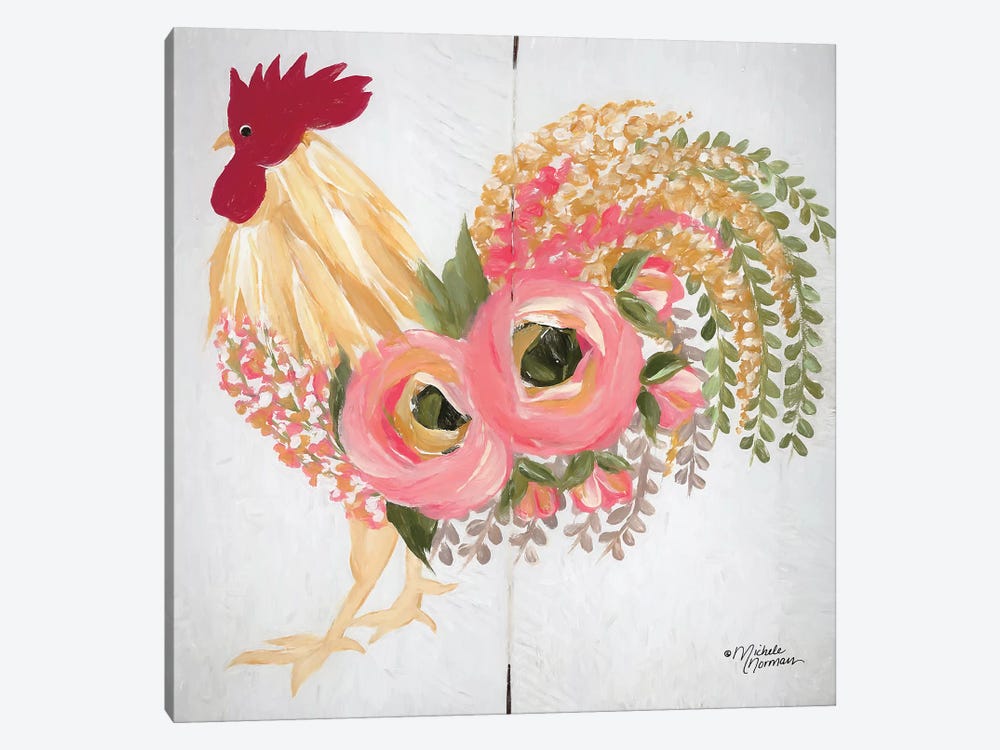 Floral Rooster on White by Michele Norman 1-piece Art Print