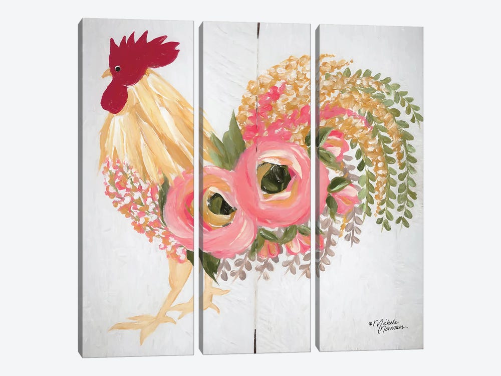 Floral Rooster on White by Michele Norman 3-piece Canvas Art Print