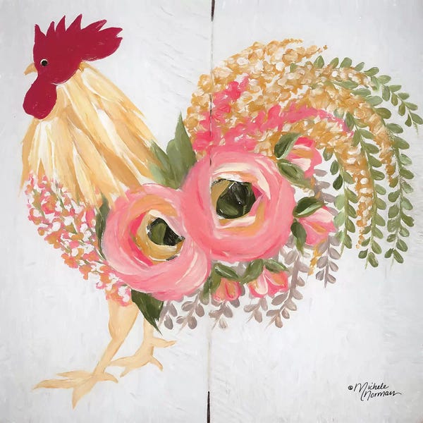 Chickens & Roosters: Floral Rooster on White by Michele Norman