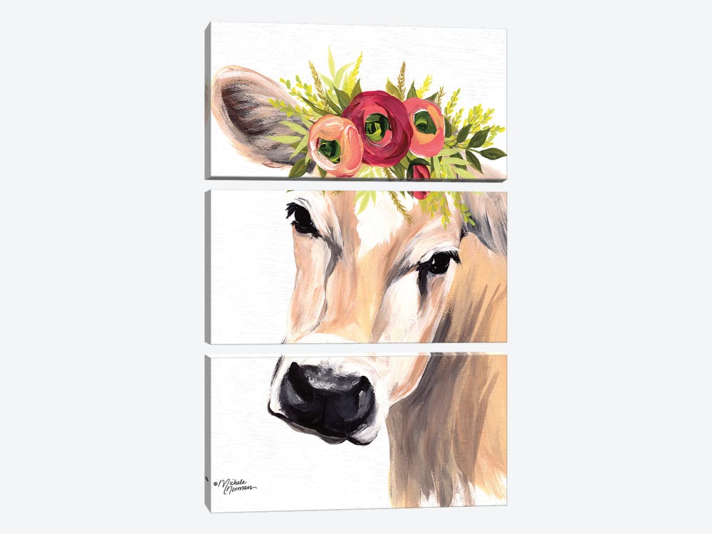 Jersey Cow with Floral Crown by Michele Norman 3-piece Canvas Art Print