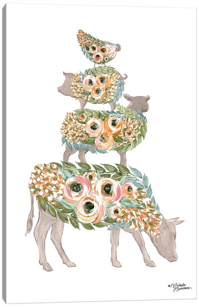 Floral Stacked Animals Canvas Art Print - Pastels: The New Neutrals