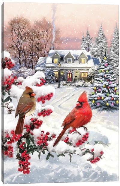Cardinal Pair Canvas Art Print - Christmas Trees & Wreath Art