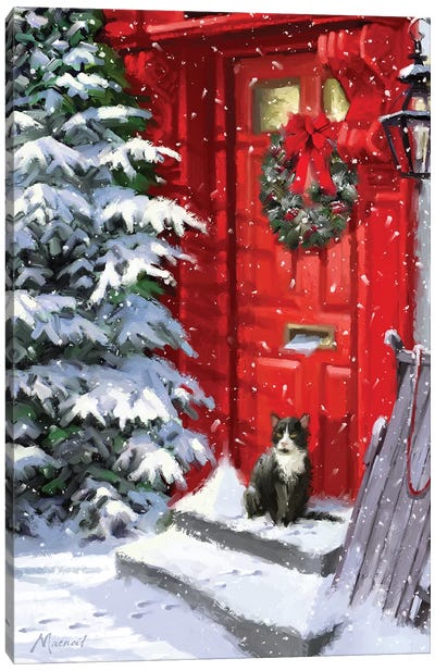 Red Door And Cat Canvas Art Print - Home for the Holidays