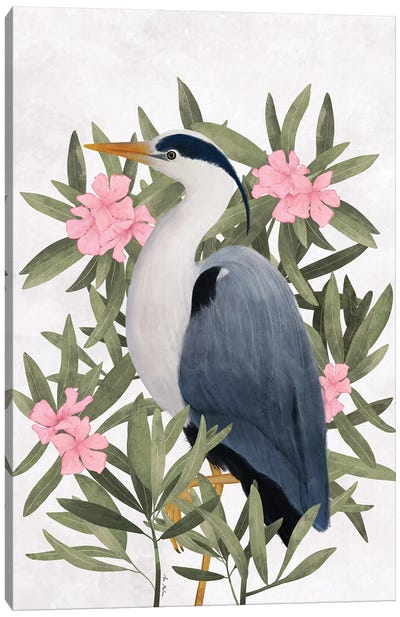 Gray Heron And Oleander Canvas Art Print - Ana Martínez