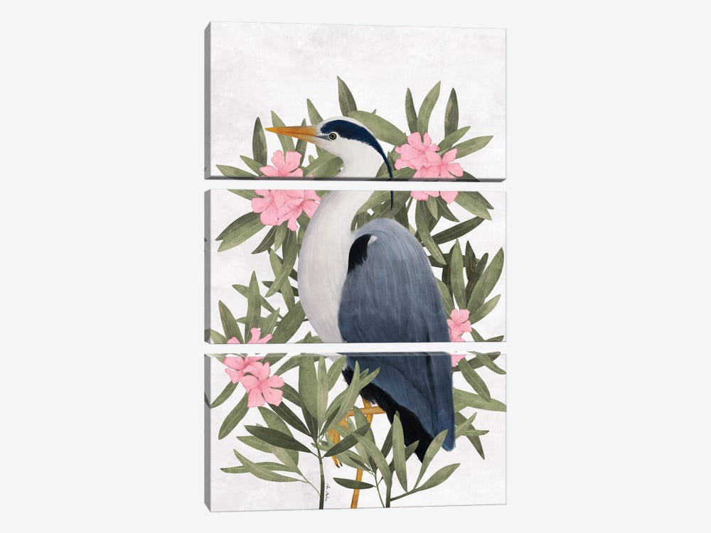 Gray Heron And Oleander by Ana Martínez 3-piece Canvas Art Print