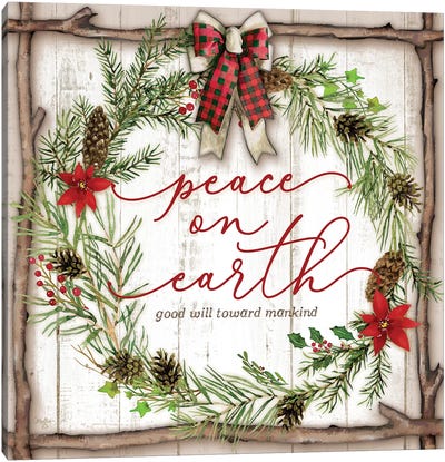 Peace on Earth Canvas Art Print - Christmas Trees & Wreath Art